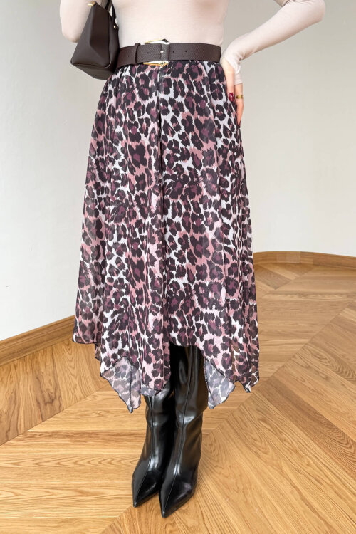 ETK-02349 Leopar Desen Asimetrik Kesim Tül Etek - 2
