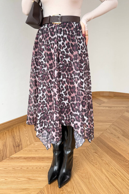 ETK-02349 Leopar Desen Asimetrik Kesim Tül Etek - 2
