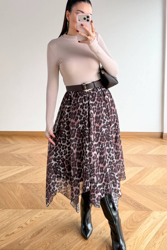ETK-02349 Leopar Desen Asimetrik Kesim Tül Etek - 4