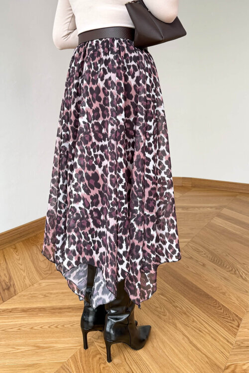 ETK-02349 Leopar Desen Asimetrik Kesim Tül Etek - 5