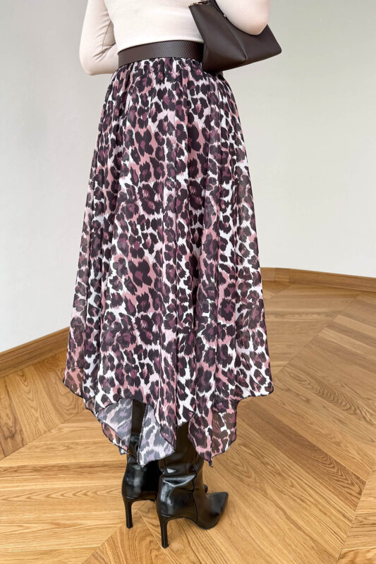 ETK-02349 Leopar Desen Asimetrik Kesim Tül Etek - 5