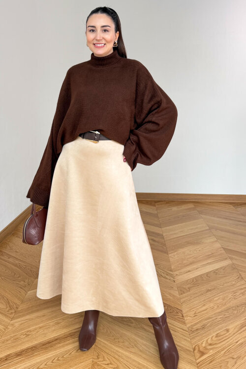 ETK-0283 Bej Süet Çan Etek - 3