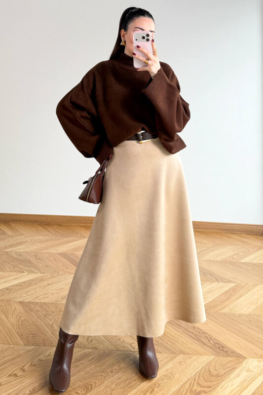 ETK-0283 Bej Süet Çan Etek - 4