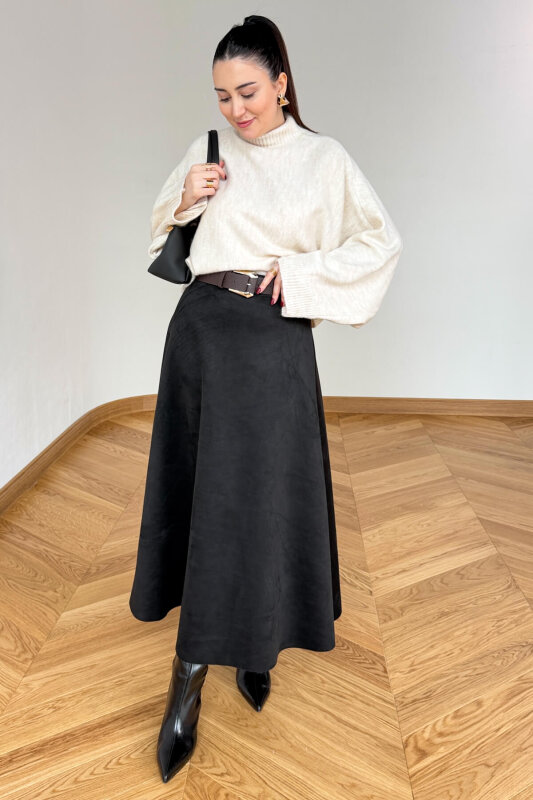 ETK-0283 Siyah Süet Çan Etek - 1