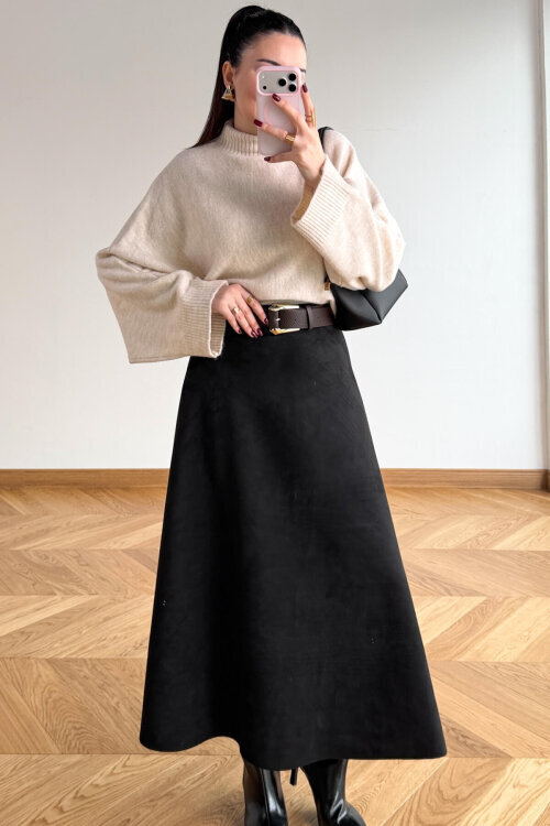 ETK-0283 Siyah Süet Çan Etek - 4