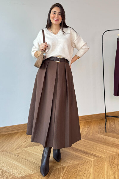 ETK-0580 Acı Kahve Piliseli Kemerli Tam Boy Etek - 1