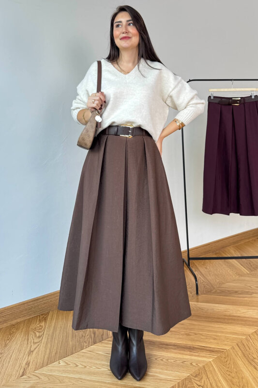 ETK-0580 Acı Kahve Piliseli Kemerli Tam Boy Etek - 2