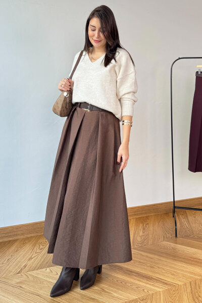 ETK-0580 Acı Kahve Piliseli Kemerli Tam Boy Etek - 3