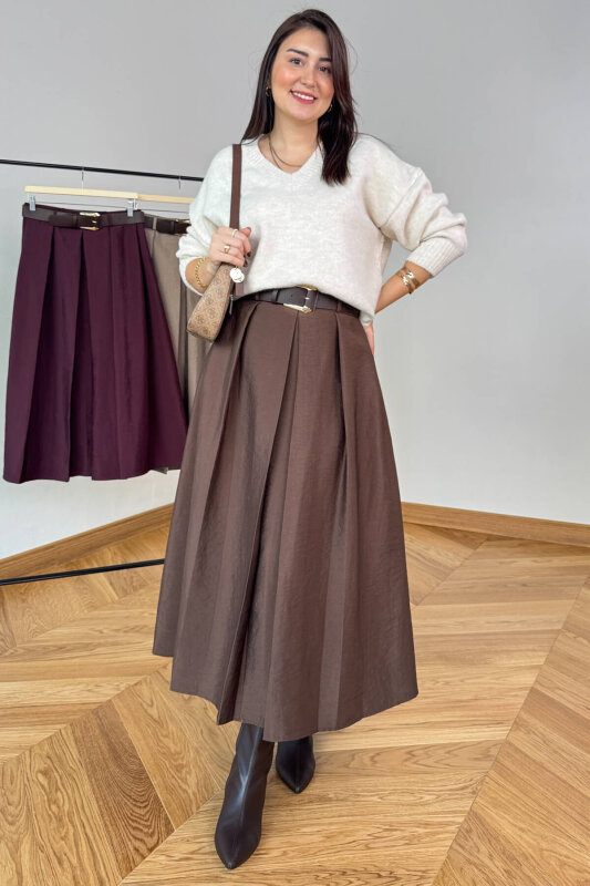 ETK-0580 Acı Kahve Piliseli Kemerli Tam Boy Etek - 4