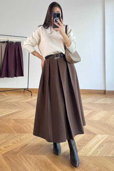 ETK-0580 Acı Kahve Piliseli Kemerli Tam Boy Etek - 5