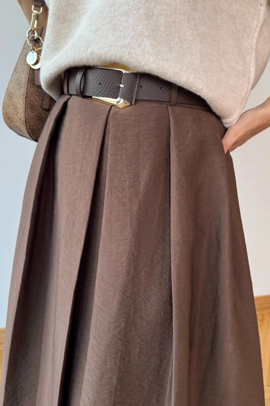 ETK-0580 Acı Kahve Piliseli Kemerli Tam Boy Etek - 6