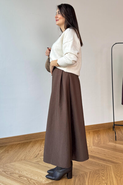 ETK-0580 Acı Kahve Piliseli Kemerli Tam Boy Etek - 7