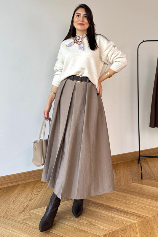 ETK-0580 Vizon Piliseli Kemerli Tam Boy Etek  - 1