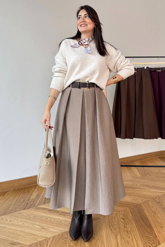 ETK-0580 Vizon Piliseli Kemerli Tam Boy Etek  - 3