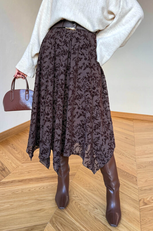 ETK-1286 Kahverengi Flok Baskı Desenli Astarlı Midi Etek - 2