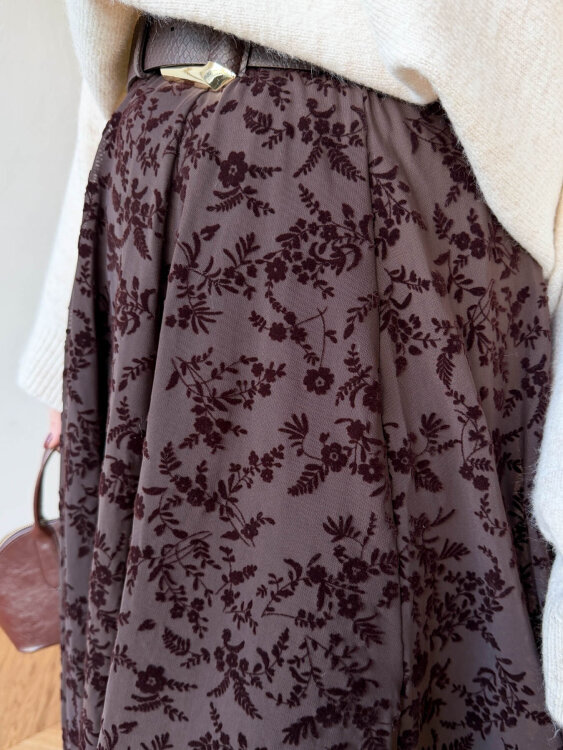 ETK-1286 Kahverengi Flok Baskı Desenli Astarlı Midi Etek - 3