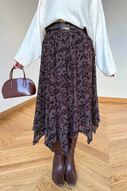 ETK-1286 Kahverengi Flok Baskı Desenli Astarlı Midi Etek - 5