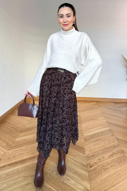 ETK-1286 Kahverengi Flok Baskı Desenli Astarlı Midi Etek - 1