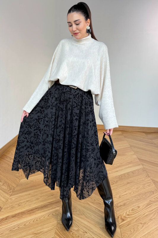 ETK-1286 Siyah Flok Baskı Desenli Astarlı Midi Etek - 1