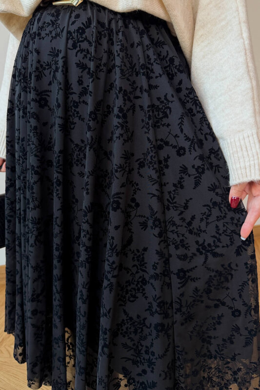 ETK-1286 Siyah Flok Baskı Desenli Astarlı Midi Etek - 3