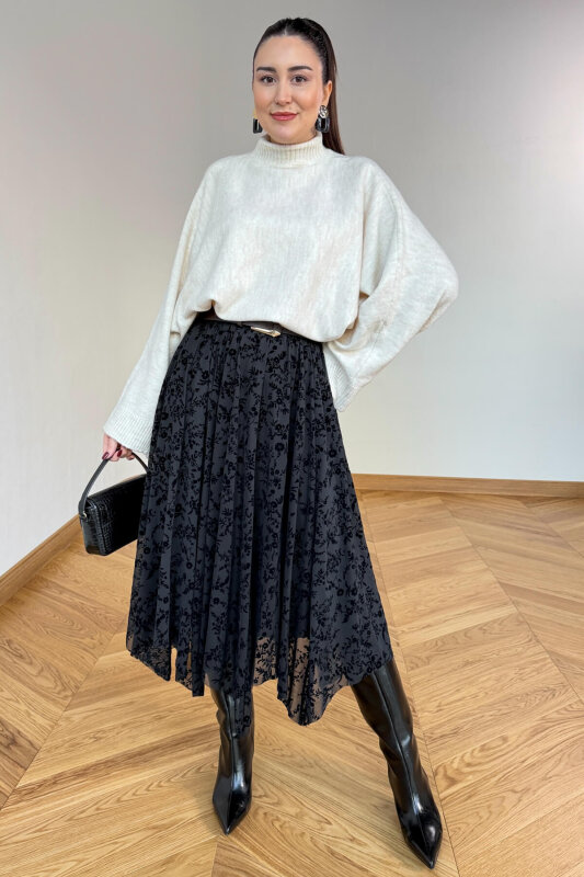 ETK-1286 Siyah Flok Baskı Desenli Astarlı Midi Etek - 4