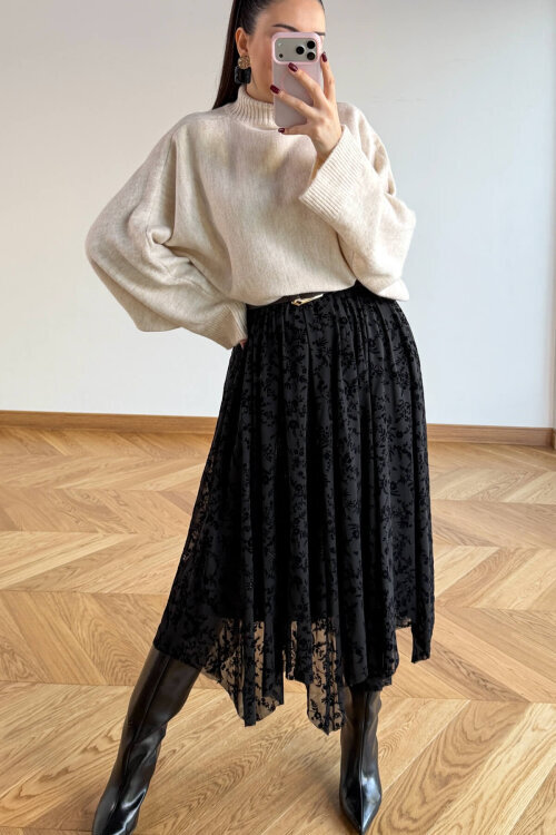 ETK-1286 Siyah Flok Baskı Desenli Astarlı Midi Etek - 5