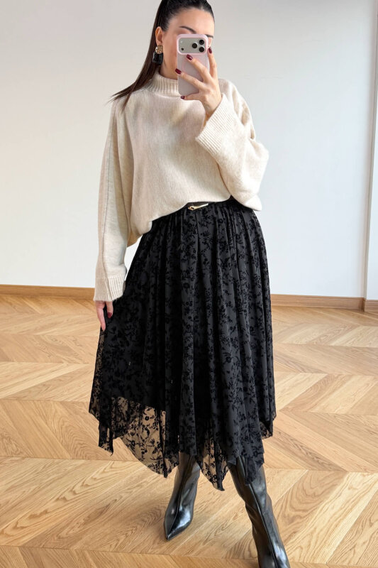 ETK-1286 Siyah Flok Baskı Desenli Astarlı Midi Etek - 6