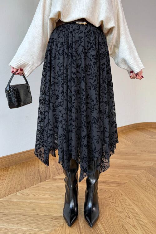 ETK-1286 Siyah Flok Baskı Desenli Astarlı Midi Etek - 2