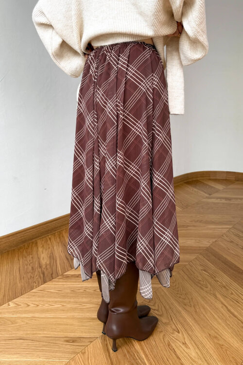 ETK-1378 Kahverengi Asimetrik Kesim Çizgili Desenli Astarlı Etek - 5