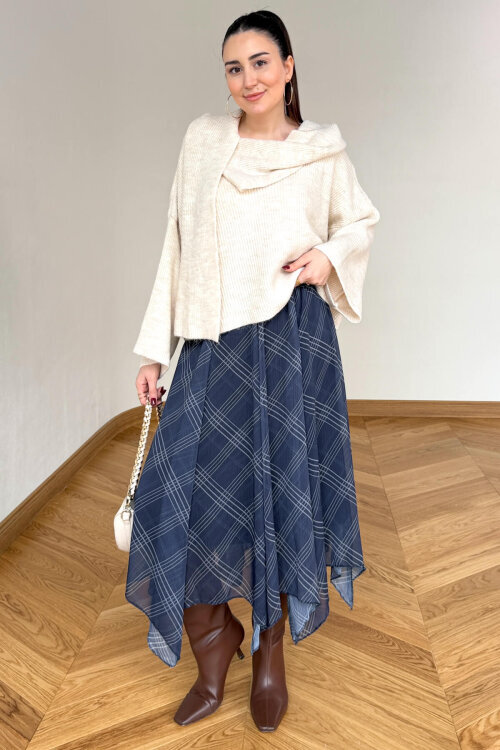 ETK-1378 Lacivert Asimetrik Kesim Çizgili Desenli Astarlı Etek - 1