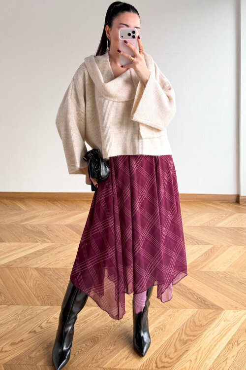 ETK-1378 Mürdüm Asimetrik Kesim Çizgili Desenli Astarlı Etek - 3