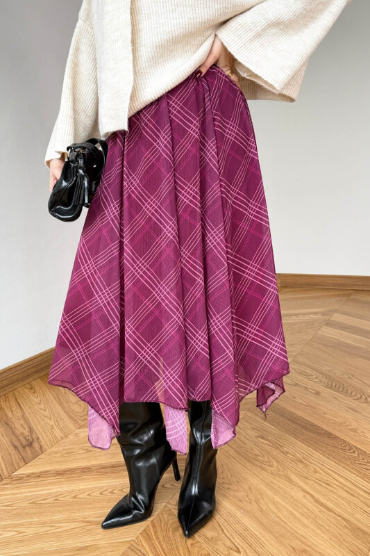 ETK-1378 Mürdüm Asimetrik Kesim Çizgili Desenli Astarlı Etek - 2