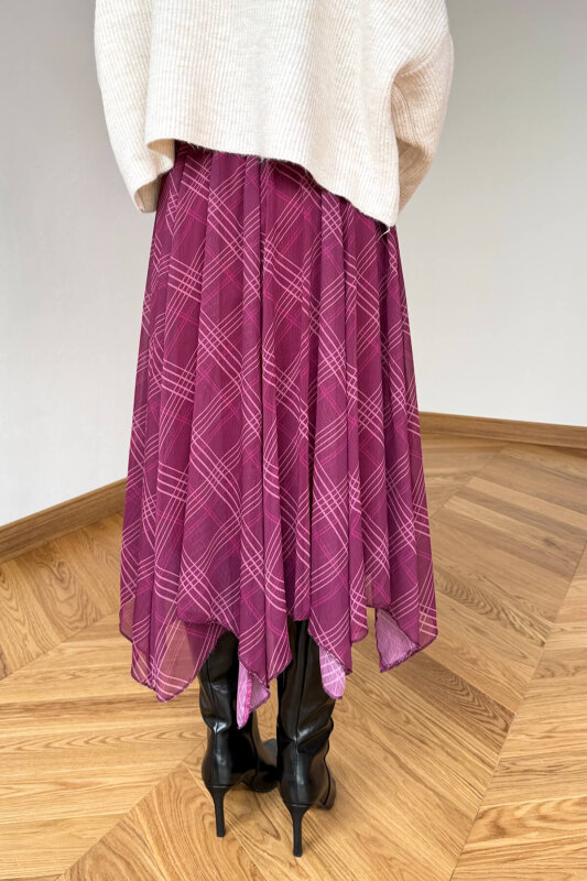 ETK-1378 Mürdüm Asimetrik Kesim Çizgili Desenli Astarlı Etek - 4