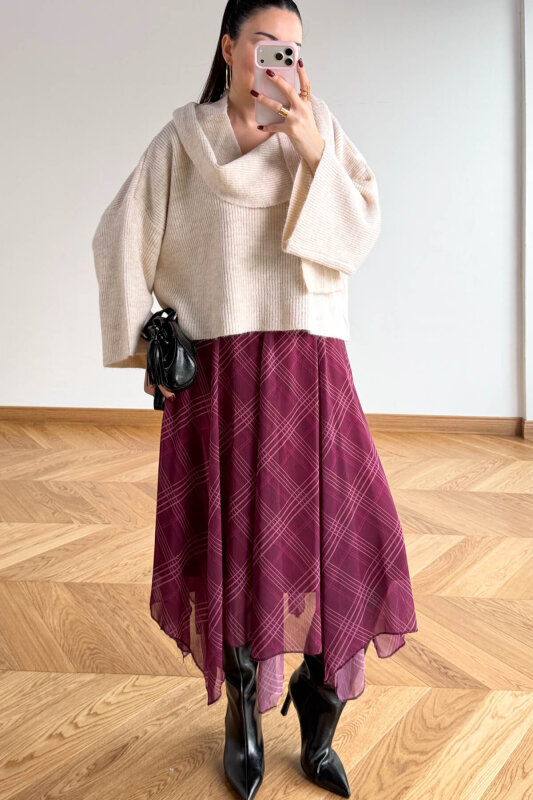 ETK-1378 Mürdüm Asimetrik Kesim Çizgili Desenli Astarlı Etek - 5