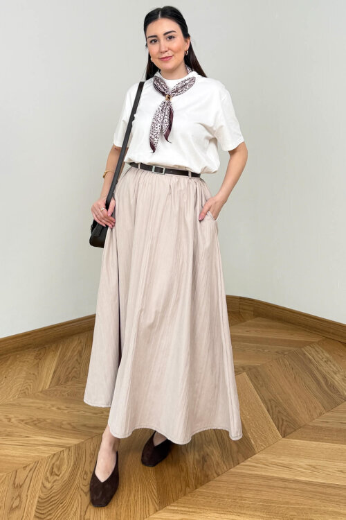 ETK-1814 Bej Kemerli Kadife Dokuma Tensel Maxi Etek - 2