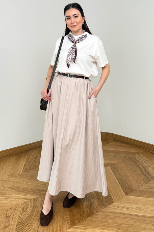 ETK-1814 Bej Kemerli Kadife Dokuma Tensel Maxi Etek - 2