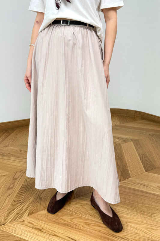 ETK-1814 Bej Kemerli Kadife Dokuma Tensel Maxi Etek - 3