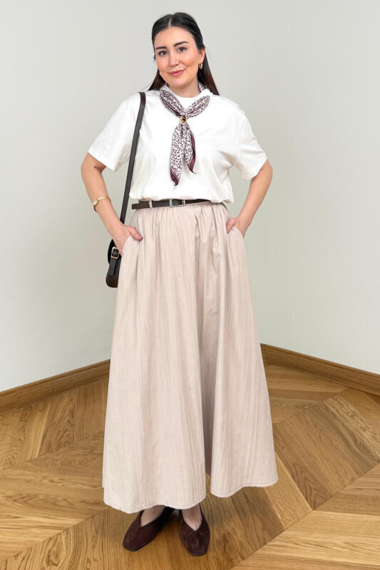 ETK-1814 Bej Kemerli Kadife Dokuma Tensel Maxi Etek - 4