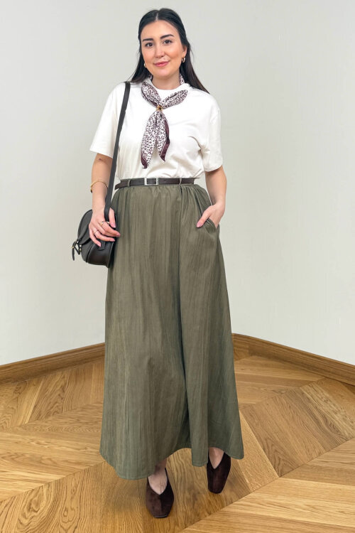 ETK-1814 Haki Kemerli Kadife Dokuma Tensel Maxi Etek - 3