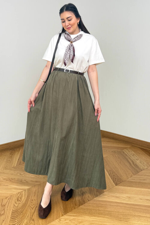 ETK-1814 Haki Kemerli Kadife Dokuma Tensel Maxi Etek - 1