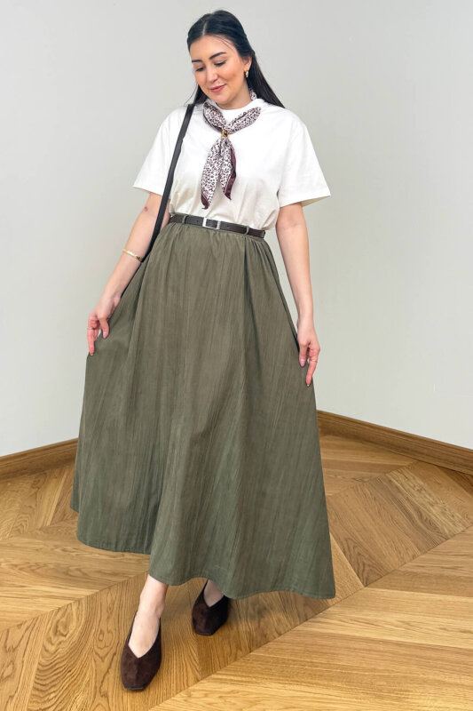 ETK-1814 Haki Kemerli Kadife Dokuma Tensel Maxi Etek - 1