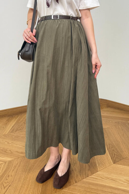 ETK-1814 Haki Kemerli Kadife Dokuma Tensel Maxi Etek - 2