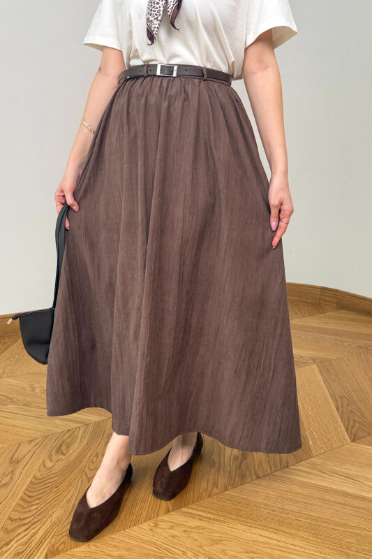 ETK-1814 Kahverengi Kemerli Kadife Dokuma Tensel Maxi Etek - 2