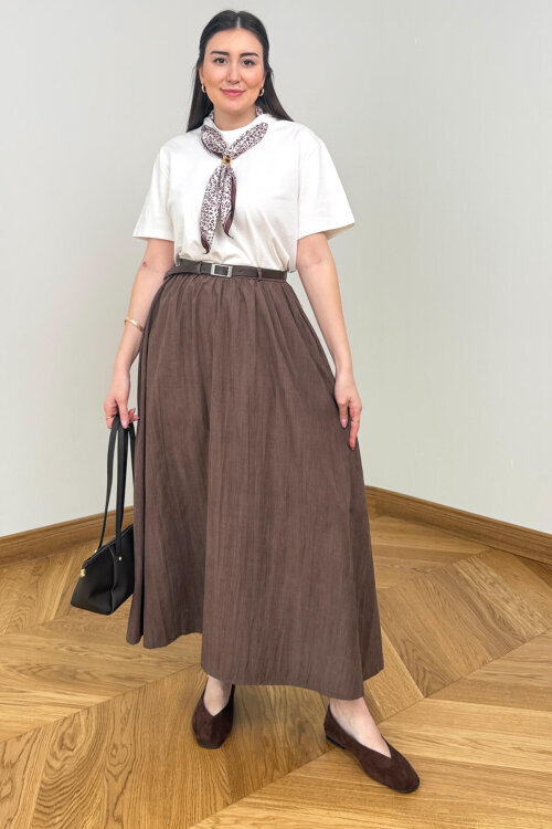 ETK-1814 Kahverengi Kemerli Kadife Dokuma Tensel Maxi Etek - 3