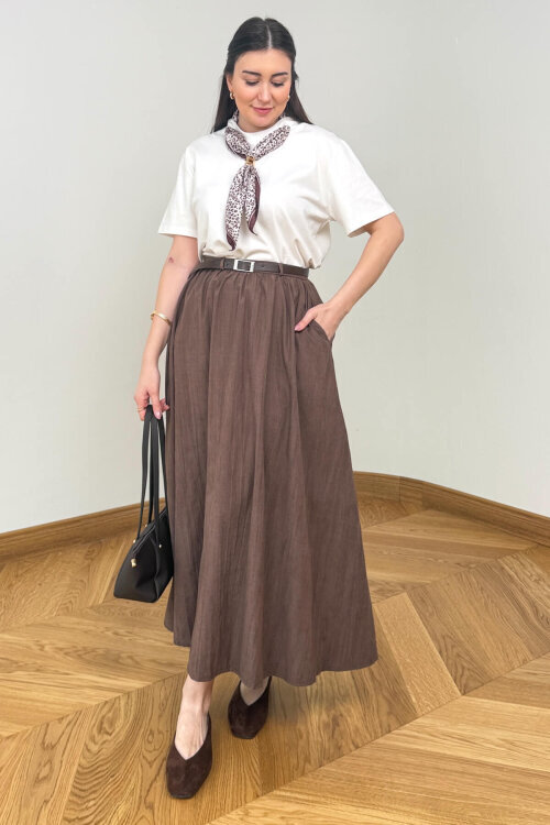 ETK-1814 Kahverengi Kemerli Kadife Dokuma Tensel Maxi Etek - 4