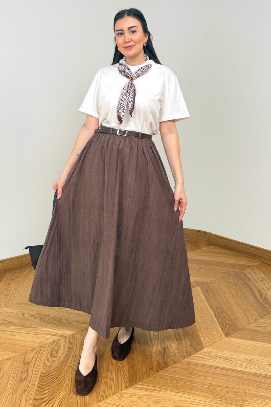 ETK-1814 Kahverengi Kemerli Kadife Dokuma Tensel Maxi Etek - 1