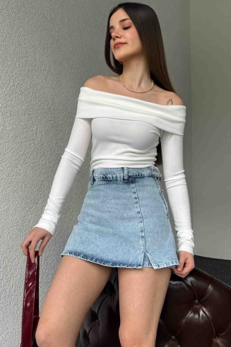 ETK-2324 Yandan Fermuarlı Şortlu Kot Etek - 2