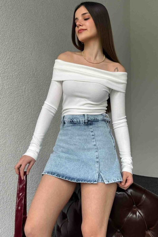 ETK-2324 Yandan Fermuarlı Şortlu Kot Etek - 2