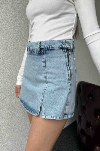 ETK-2324 Yandan Fermuarlı Şortlu Kot Etek - 5