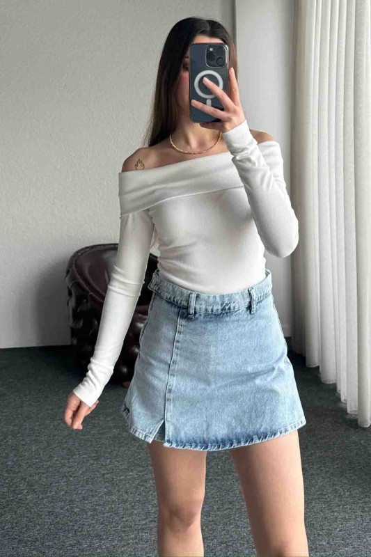 ETK-2324 Yandan Fermuarlı Şortlu Kot Etek - 4